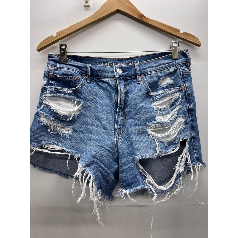 American Eagle Perfect Short Womens 6 Blue Distressed Rigid Denim Cut Off Shorts